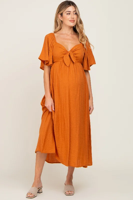 Rust Front Tie Ruffle Sleeve Maternity Midi Dress Designer midi dresses