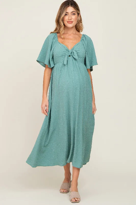 Sage Textured Dot Front Tie Ruffle Sleeve Maternity Midi Dress Party midi dresses