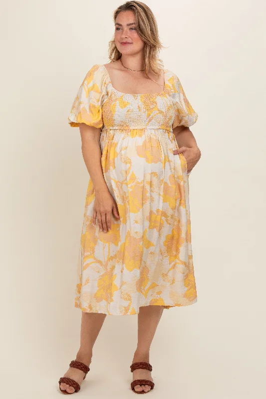 Yellow Floral Square Neck Smocked Short Puff Sleeve Maternity Plus Midi Dress Elegant midi dresses