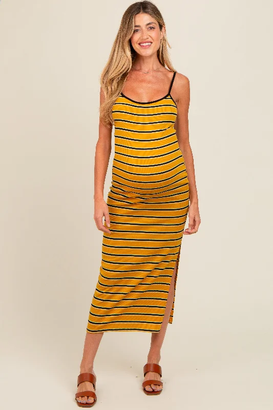 Yellow Striped Ribbed Side Slit Maternity Midi Dress Birthday midi dresses