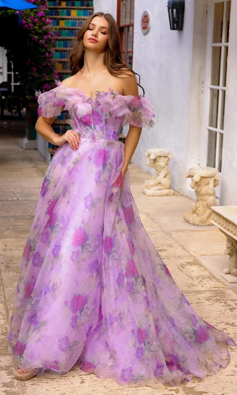 Purple Floral-Print Off-Shoulder Long Prom Gown Tulle floral dresses