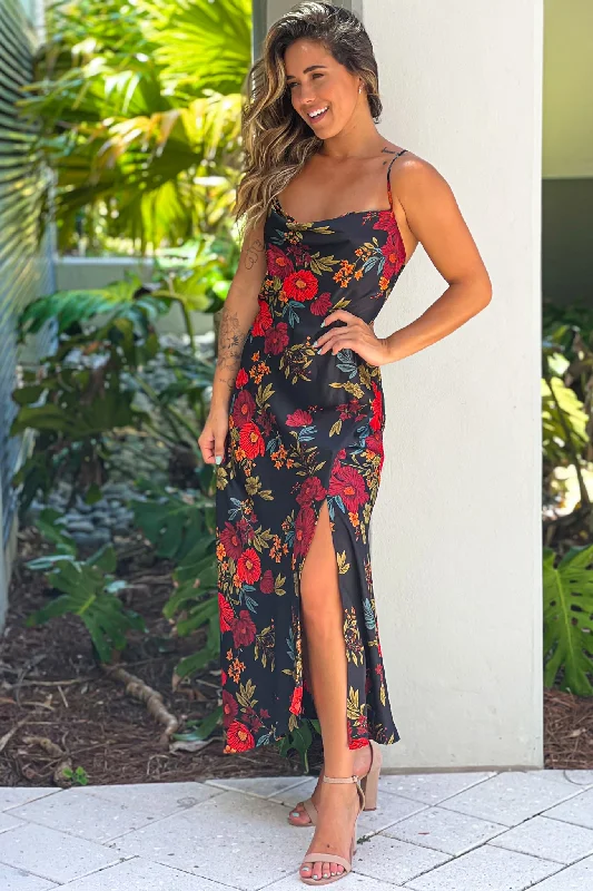 Black Floral Satin Dress With Slit Women's trendy floral dresses sale