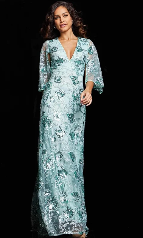 Jovani 26923 - Mid Sleeves Embroidered Floral Gown Flowy floral dresses