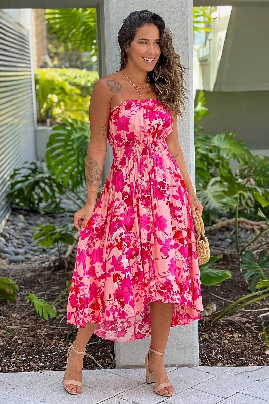 Pink Floral Print High Low Dress Women's floral dresses