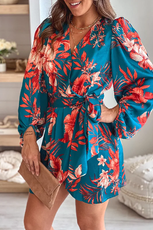 Teal Floral Satin Wrap Short Dress Best floral dresses for casual outings