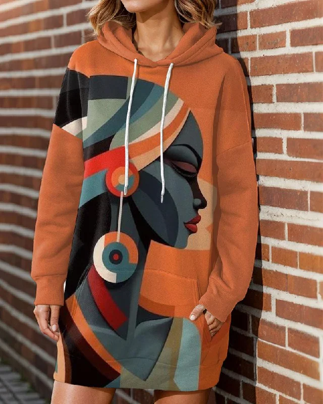 Women's Colorblock Portrait Painting Print Long Sleeve Hooded Dress Tiered floral dresses