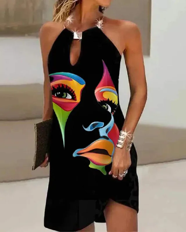 ABSTRACT FIGURE PRINT METAL HALTER CASUAL DRESS Budget-friendly unclassified dresses