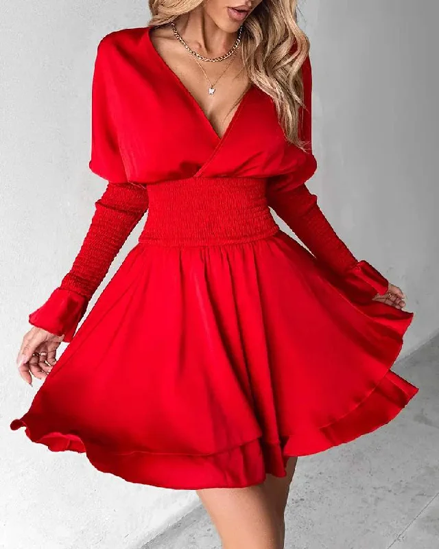 BELL SLEEVE SHIRRED RUFFLES CASUAL DRESS Fashionable unclassified dresses