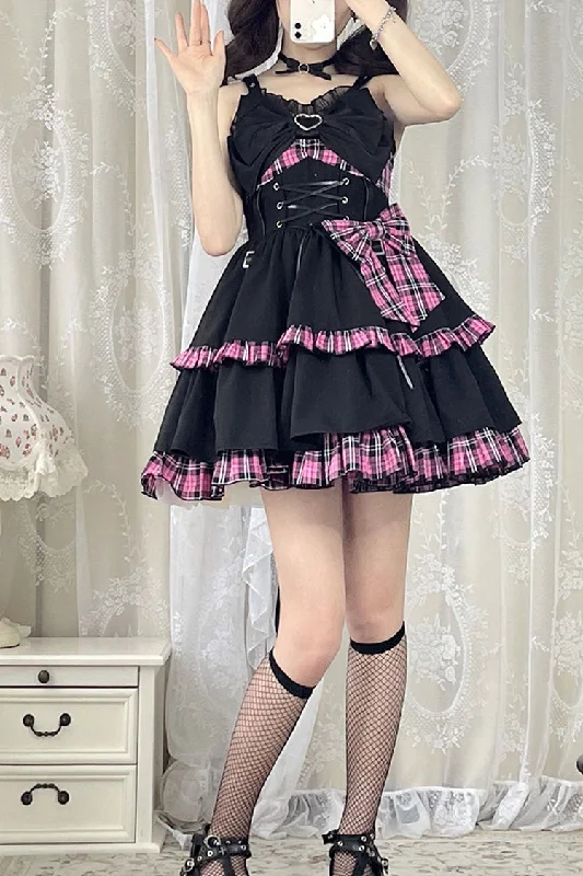 Black/Pink Plaid Print Color Contrast Leather Buckle Bowknot Ruffle Gothic Lolita JSK Dress Corset unclassified dresses