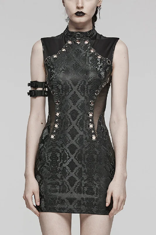 Black Sleeveless Metal Rings Hollow Mesh Women's Steampunk Dress Stretchy unclassified dresses