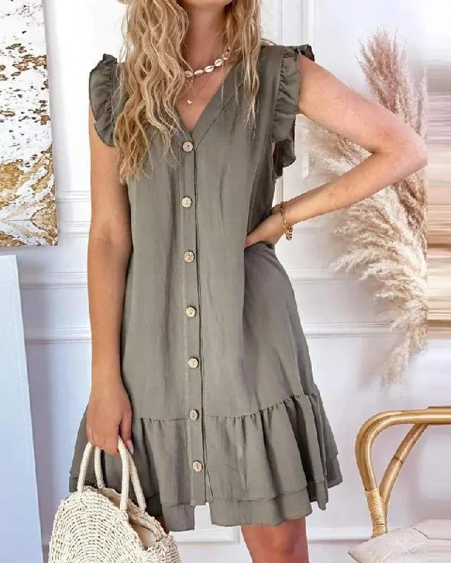 BUTTON FRONT RUFFLE HEM V NECK CASUAL DRESS Wedding guest unclassified dresses