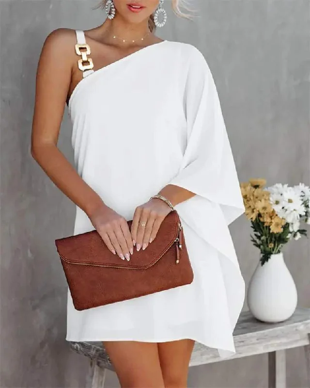 CHAIN STRAP ASYMMETRICAL NECK CASUAL DRESS Minimalist unclassified dresses