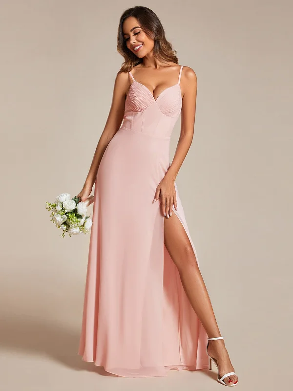 Chiffon Spaghetti Strap Bridesmaid Dress with High Split Silk unclassified dresses