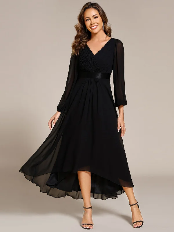 Classical Lantern Sleeve Pleated Decoration Chiffon Evening Dress with Asymmetrical Hem A-line unclassified dresses