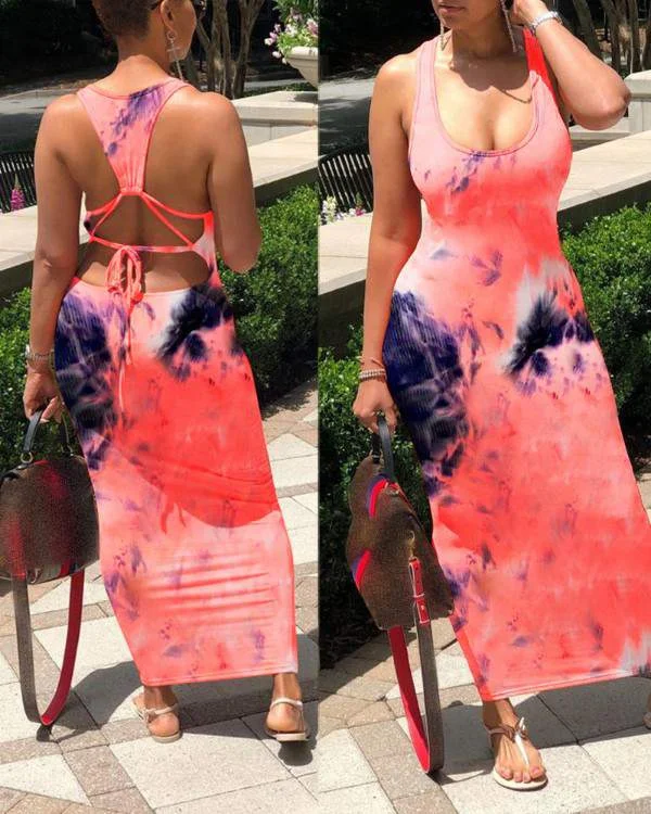 Cut Out Back Tie Dye Print Dress Breathable unclassified dresses