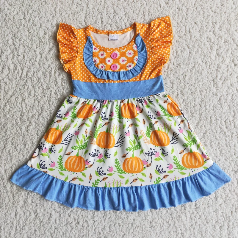 D4-13 Pumpkin Plant Buckle Fly Sleeve Dress Mesh unclassified dresses