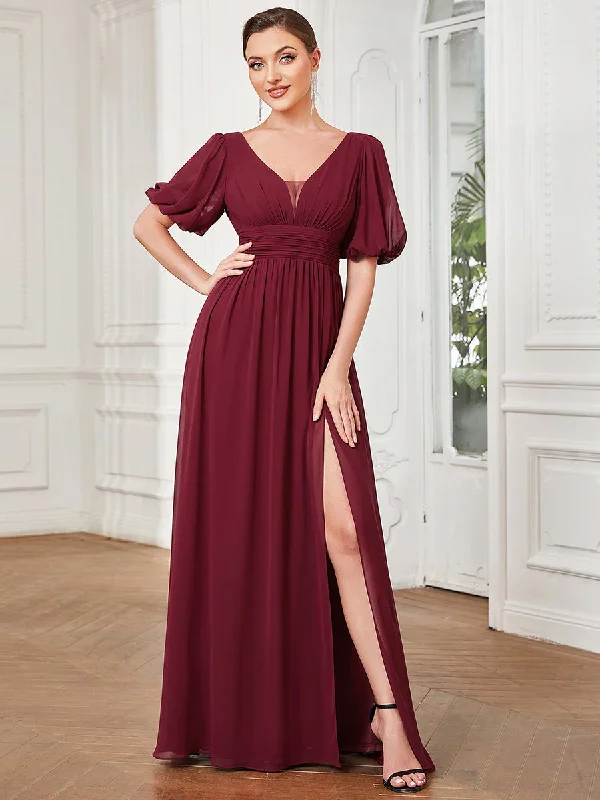 Deep V Neck A Line Half Puff Sleeves Wholesale Bridesmaid Dresses Lace unclassified dresses