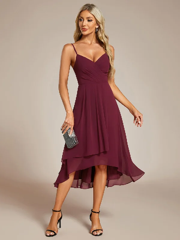 Elegant A-Line Spaghetti Straps Empire Waist Asymmetrical Hem Chiffon Dresses with Pleated decoration Office unclassified dresses