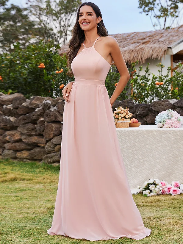 Elegant Belly collar Halter Neck Spaghetti Straps Chiffon Bridesmaid Dresses with  Back Lotus Leaf Stream Sleeveless unclassified dresses