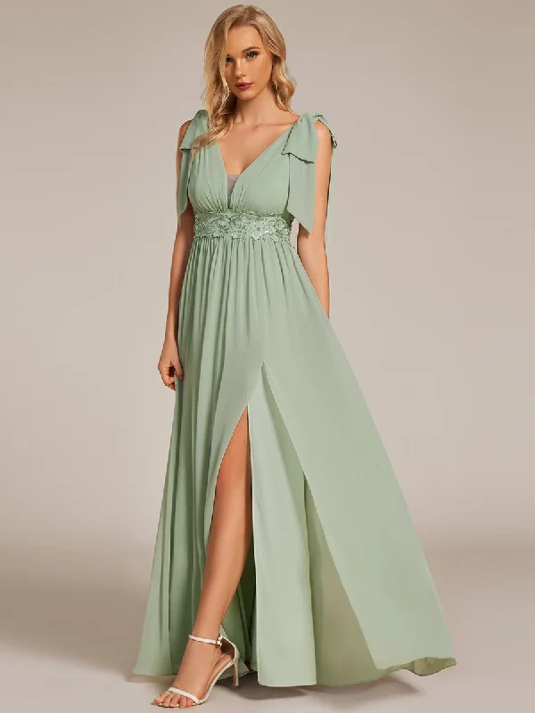 Elegant Bowknot Sleeveless Side Split Floor Length Chiffon Bridesmaid Dresses Boho unclassified dresses