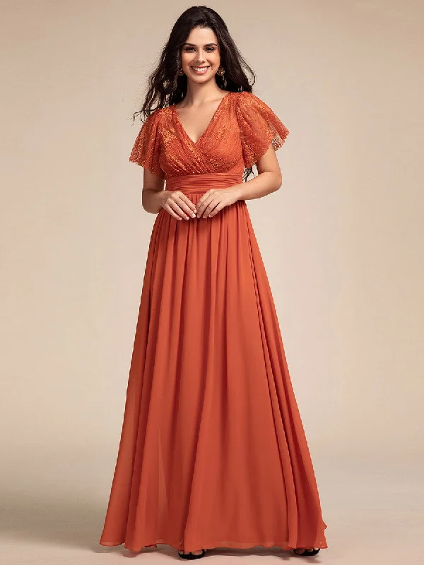 Elegant Embroidery Glitter See-Through Lotus Leaf Sleeves Chiffon Dresses with Hollow back Best-selling unclassified dresses