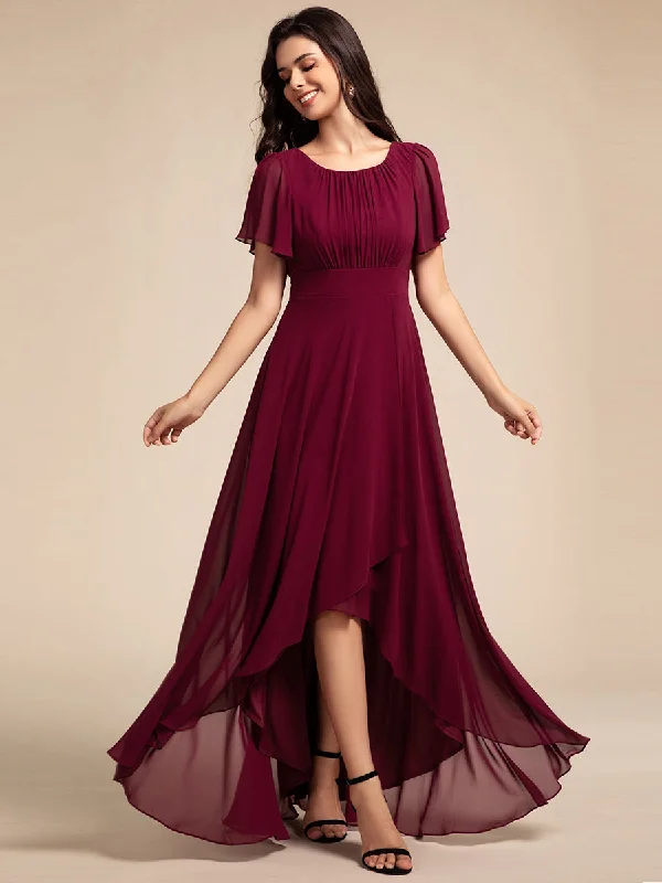 Elegant Round Neck Ruffles Sleeve Chiffon Evening Dresses with Asymmetrical Hem A-line unclassified dresses