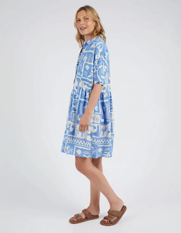 Elm - Holiday Sun Dress - Cerulean Holiday Print One-shoulder unclassified dresses