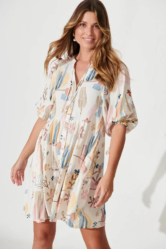 Emelyn Smock Dress In White With Multi Desert Print Color block unclassified dresses