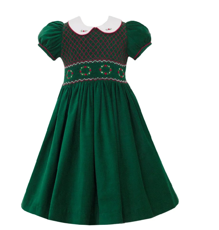 Emerald Green Cord w/ Hand Smocked Wreaths Sash Back Dress Best-selling unclassified dresses