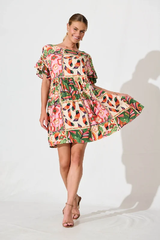 Escape Smock Dress In Cream With Multi Tropical Print Preppy unclassified dresses