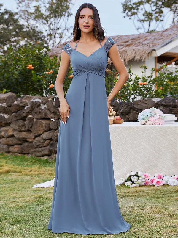 Exquisite Bandage Off Shoulder Spaghetti Strap Evening Chiffon Bridesmaid Dresses with Asymmetrical Embroidery Long sleeve unclassified dresses