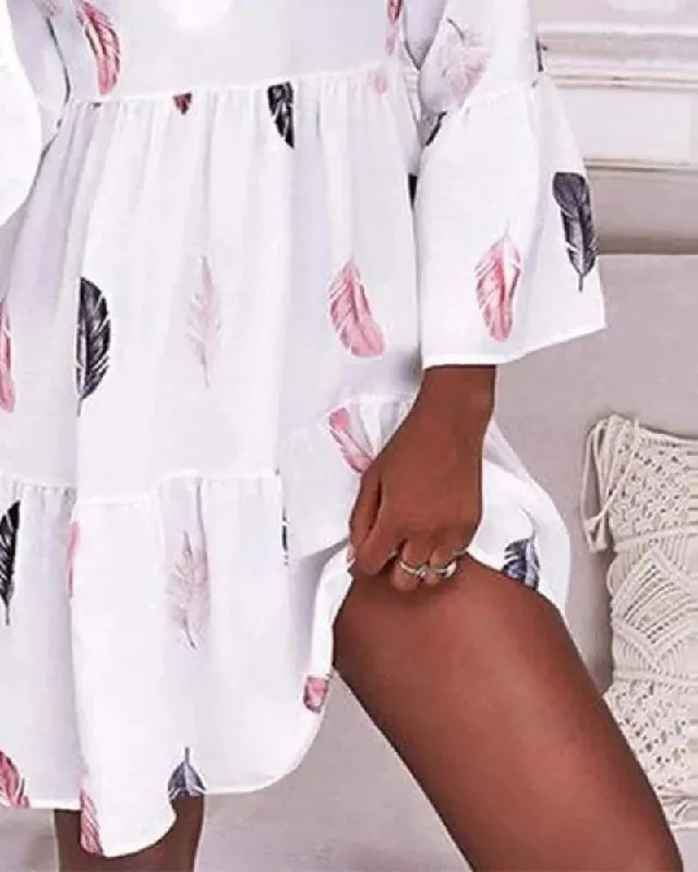 FEATHER PRINT BELL SLEEVE RUFFLES CASUAL DRESS High-low unclassified dresses