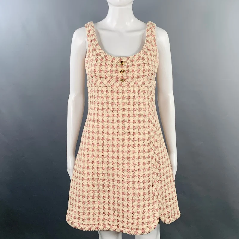 GIAMBATTISTA VALLI Size 4 Cream Pink Cotton Blend Houndstooth A-Line Dress Cocktail unclassified dresses