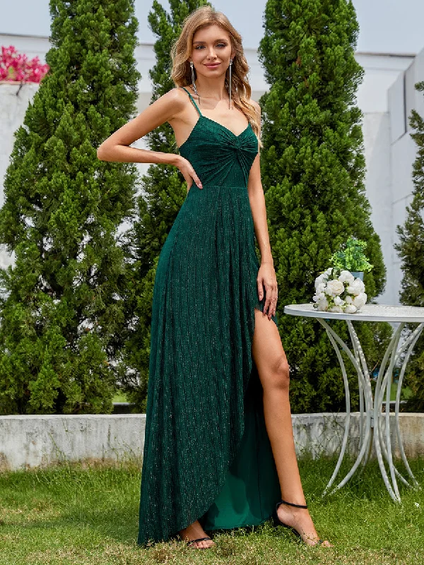 Graceful Spaghetti Straps Split Pleated Empire Waist V Neck Floor Length Chiffon Dresses with Shimmer Beaded unclassified dresses