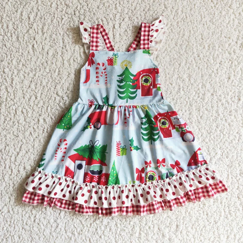 rts no moq GSD0145 baby girls christmas dress over knee car print clothes flying sleeve Wrap unclassified dresses