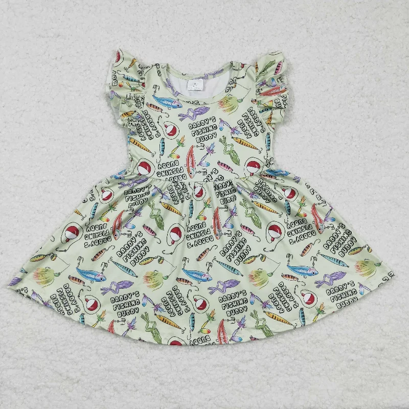 rts no moq GSD0155 baby clothing flying sleeve kids dresses for girls milk silk fishing print Ruched unclassified dresses