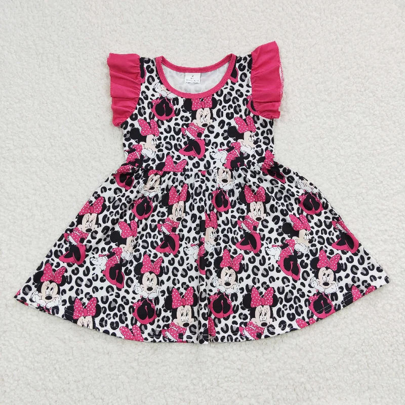 rts no moq GSD0214 Girls Mouse Black Leopard Fly Sleeve Dress Ruffled unclassified dresses