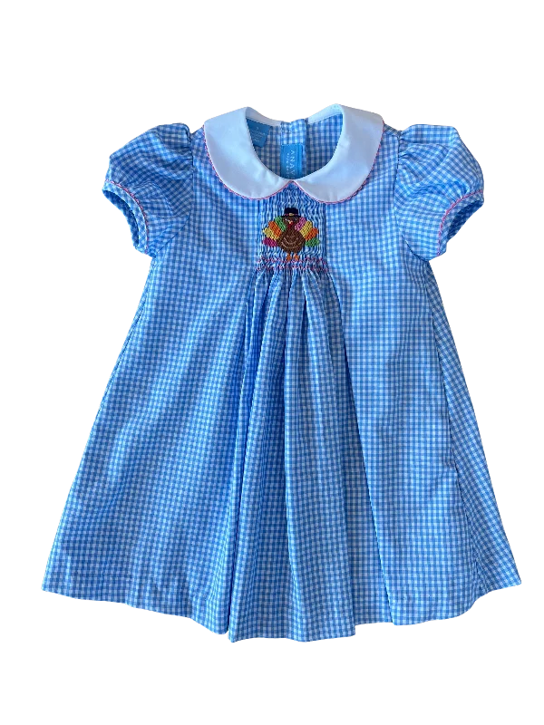 Hand Smocked Turkey Float Dress on Blue Check Lace unclassified dresses