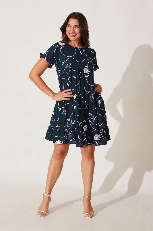 Jacklyn Smock Dress In Navy With White Flower Embroidered Cotton Spring unclassified dresses