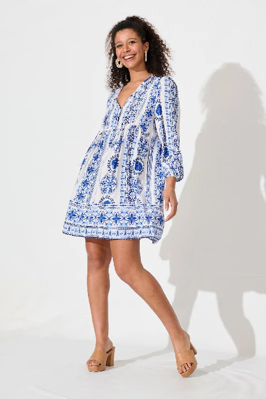 Knightley Smock Dress In White With Blue Tile Border Print Smocked unclassified dresses