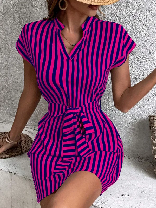 LUNE STRIPED PRINT NOTCHED NECKLINE BATWING SLEEVE BELTED DRESS Anniversary unclassified dresses