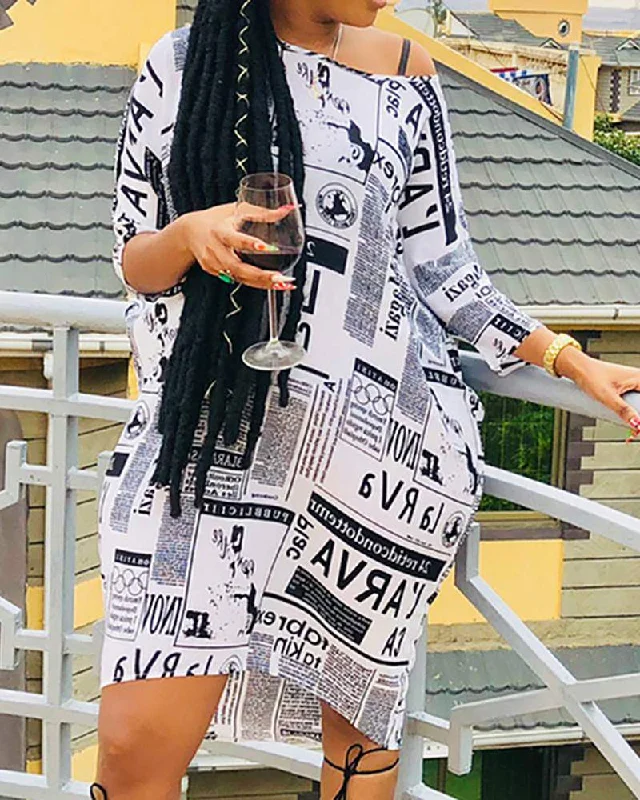 One Shoulder News Paper Print Casual Dress Dark color unclassified dresses