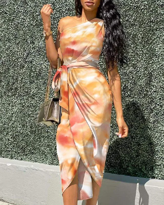 One Shoulder Tie Dyed Slit Dress Fall unclassified dresses