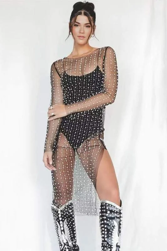 PEARLS STUDDED MESH COVER UP DRESS Plus size unclassified dresses