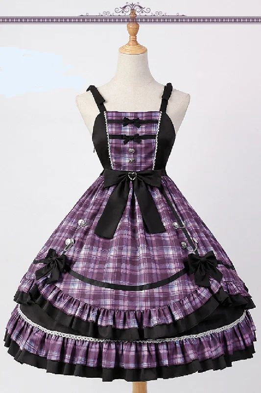 Pink/Black High Waist Stitching Bowknot Ruffled Plaid Slimming Sweet Lolita Jsk Dress (Hat & Collar are included) Trendy new unclassified dresses