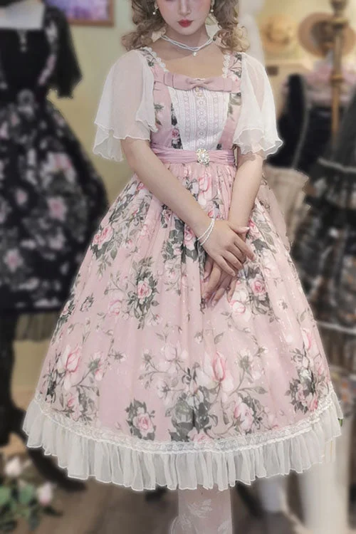 Pink Elegant Vintage French Rose Print Square Collar Ruffled Classic Lolita OP Dress Date night unclassified dresses