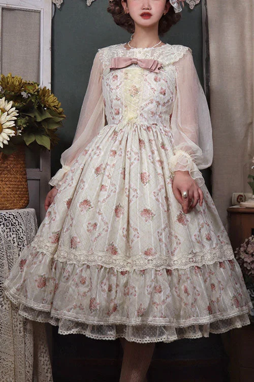 Pink Elegant Vintage Rose Print Multi-Layer Ruffled Sweet Lolita JSK Dress Beach unclassified dresses