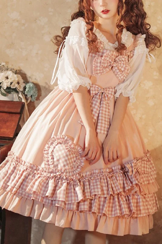 Pink Love Heart Shape Pockets Bowknot Ruffled Multi-Layer Sweet Lolita Jsk Dress Elegant unclassified dresses