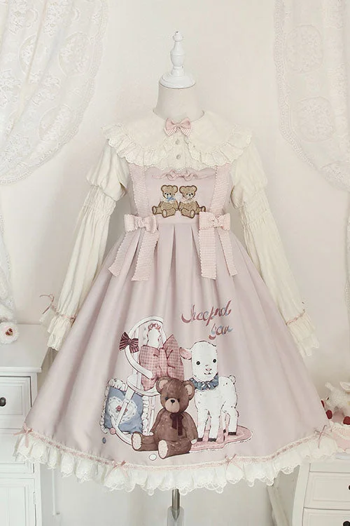 Pink Sheep & Bear Print Alice Girl Bowknot Ruffled Sweet Lolita JSK Dress Summer unclassified dresses