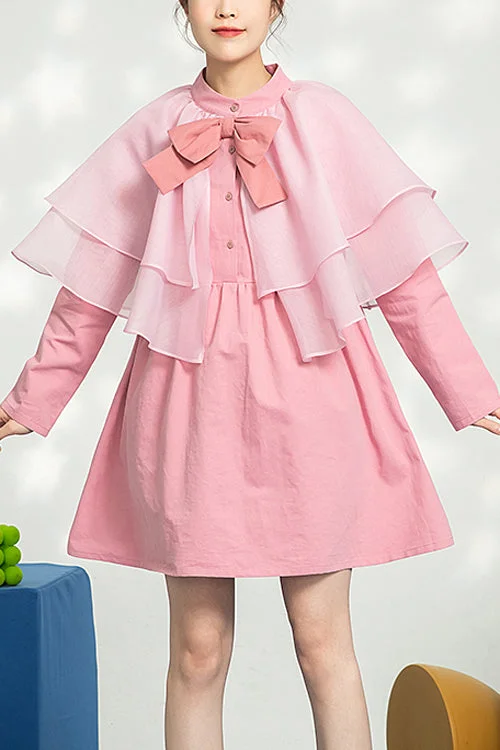 Pink Stand Collar Bow Organza Ruffled Shawl Princess Sweet Lolita OP Dress Striped unclassified dresses